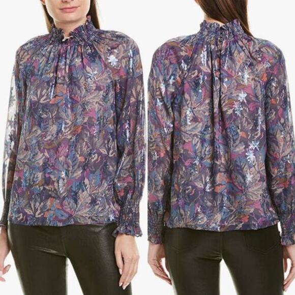 Rebecca Taylor multicolor high-neck long sleeve silk blouse - Picture 1 of 12